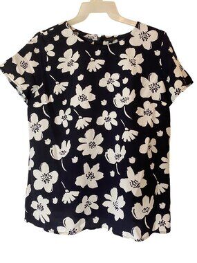 Ann Taylor Navy & White Floral Print Short Sleeve Blouse Large